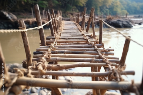 A suspension bridge over the river was built with wooden material