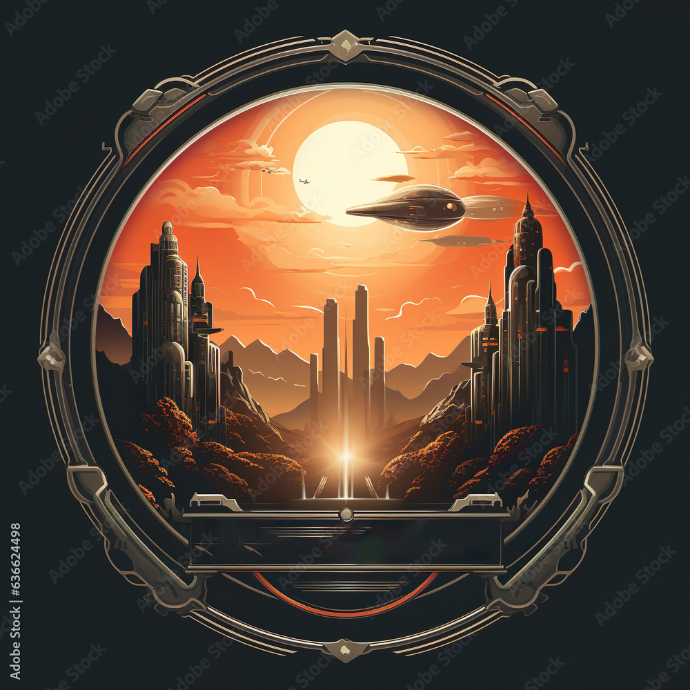 Obraz premium An epic scifi fantasy brand corporate logo, emblem or insignia, depicting space exploration and futuristic alien landscapes in space