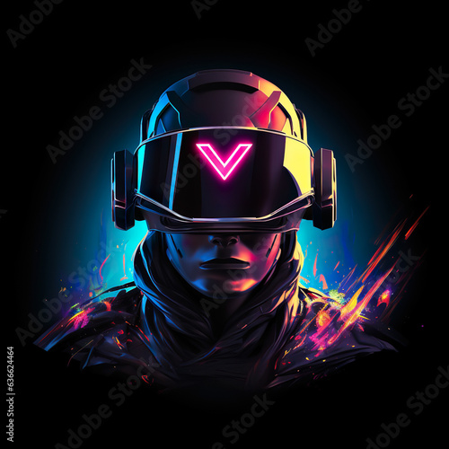 A retro synth style portrait logo of a gamer wearing a virtual reality VR augmented reality headset