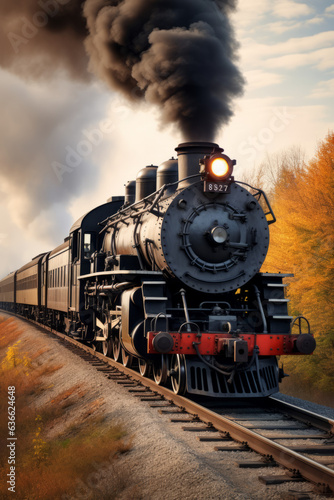 Vintage steam engine locomotive speeding on railroad