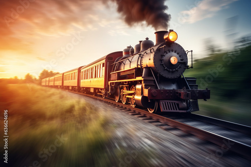 Vintage steam engine locomotive speeding on railroad