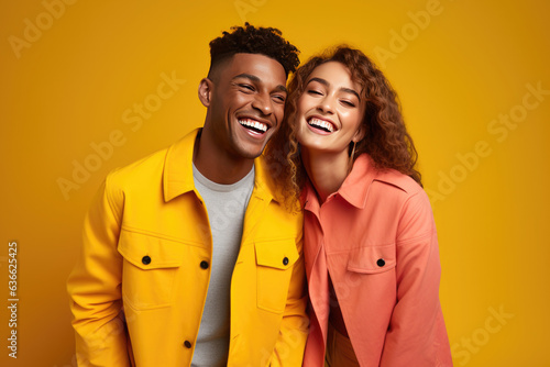 diverse couple at photo studio. happy, Bold Modern, vibrant color clothing, 