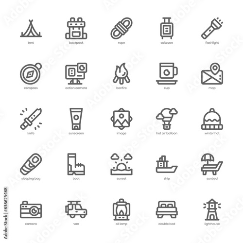 Camping and Tourism icon pack for your website, mobile, presentation, and logo design. Camping and Tourism icon outline design. Vector graphics illustration and editable stroke.