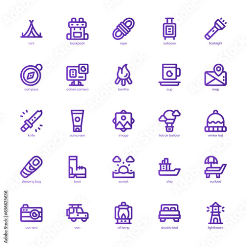 Camping and Tourism icon pack for your website, mobile, presentation, and logo design. Camping and Tourism icon basic line gradient design. Vector graphics illustration and editable stroke.