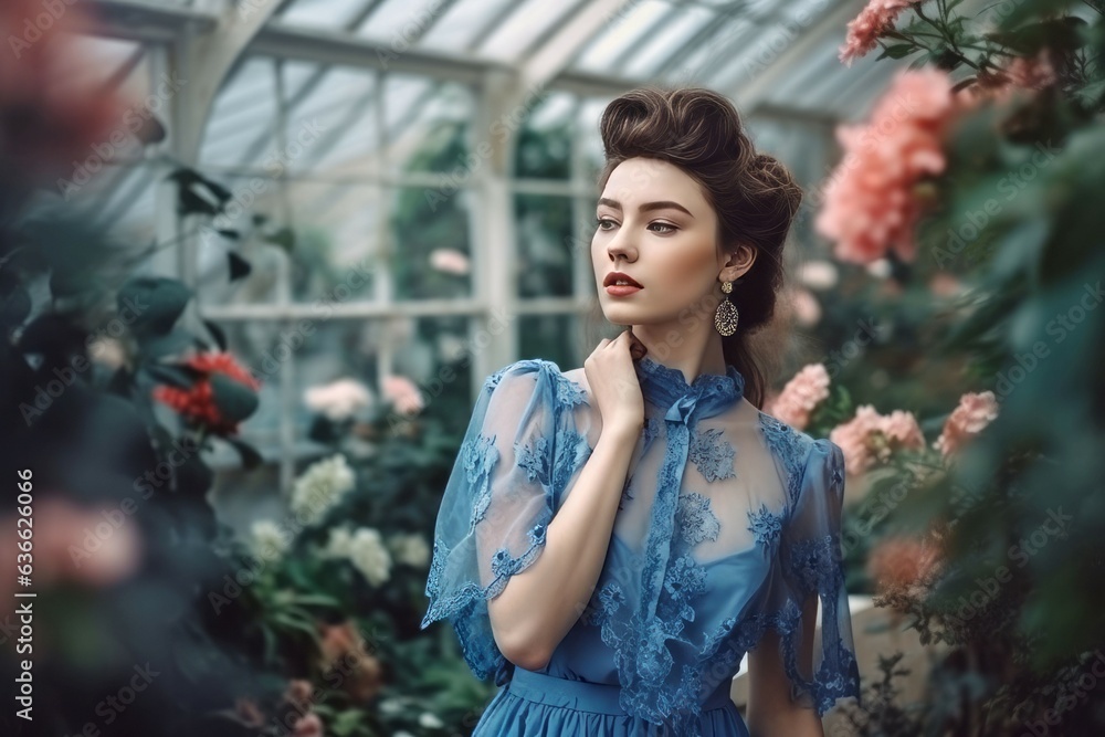 Greenhouse romantic woman. Generate AI Greenhouse romantic woman. Generate AI
