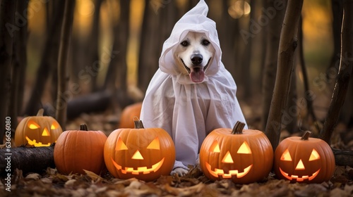 Dog wearing a ghost costume sitting between pumpkins for Halloween in Autumn background. Generative AI