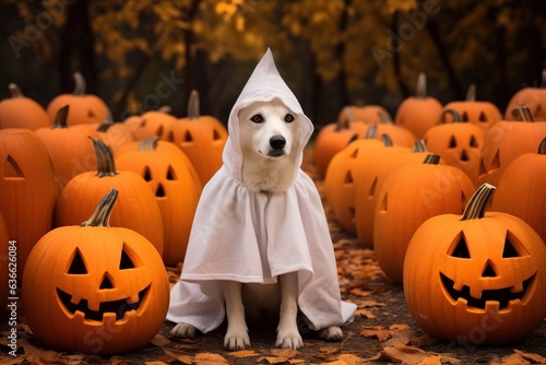 Dog wearing a ghost costume sitting between pumpkins for Halloween in Autumn background. Generative AI