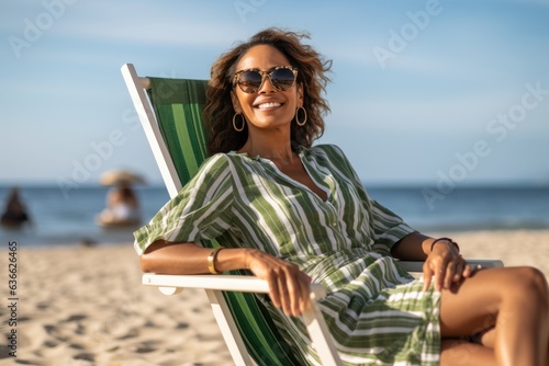 Happy african american woman in sunglasses sittingchair on beach photo