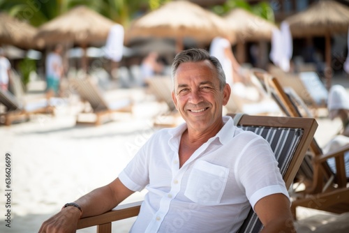 Portrait of happy senior man sittingchair at resort beach photo