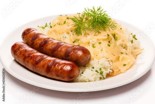A plate of mouthwatering German sausages and sauerkraut