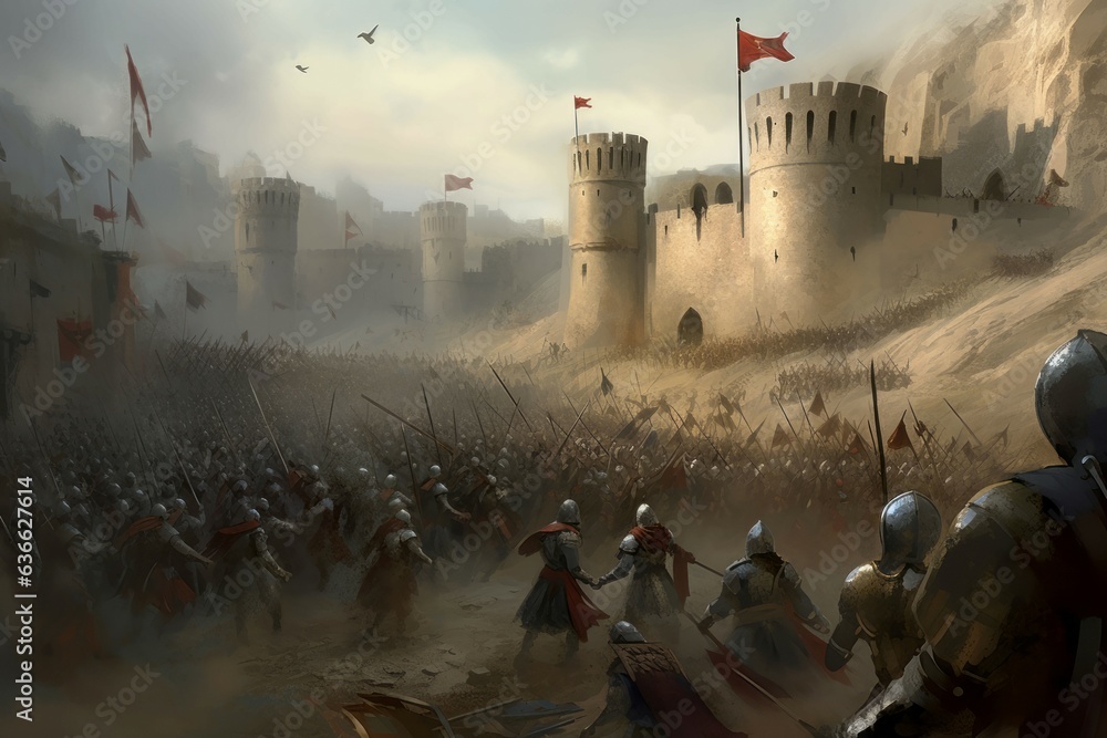Medieval war castle scene. Generate Ai - obrazy, fototapety, plakaty 