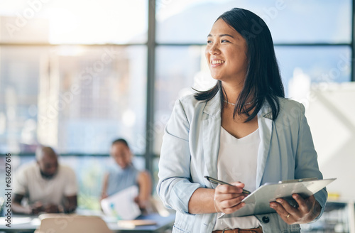 Fotografie Asian woman in office with clipboard, smile and leadership with business meeting schedule in professional space