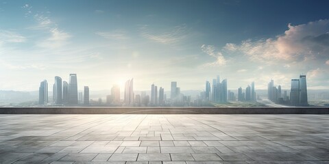 Courtyard has many buildings in background. Cityscape in morning hues. Sunrise over skyline