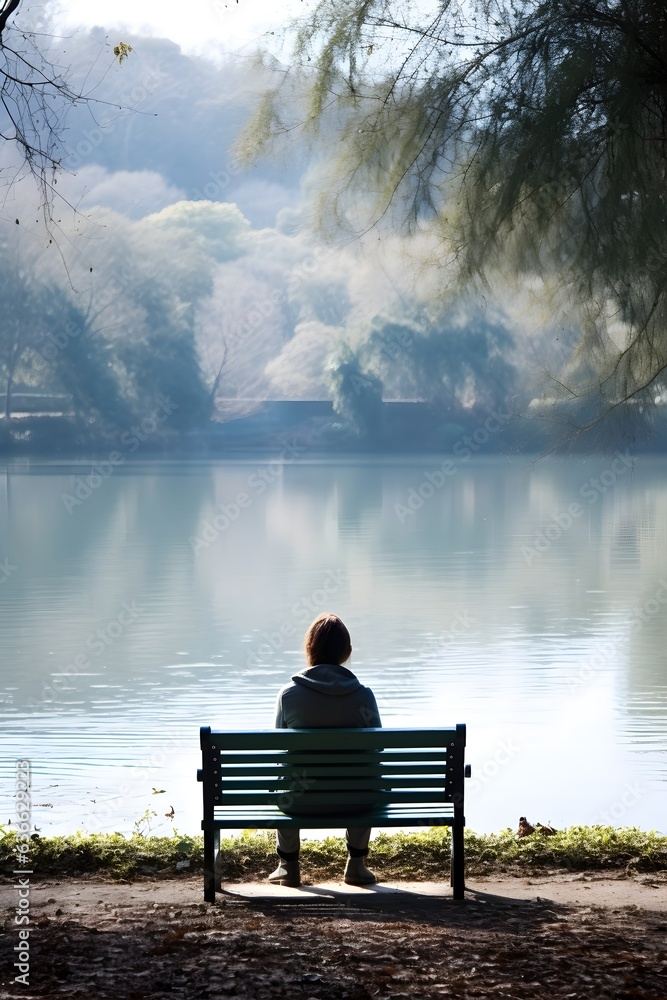 Depressed and sad young woman with long hair casual clothes sitting alone on bench in the park, back view, looking at lake city landscape, in deep thoughts, sadness, mist, autumn, winter, AI Generated