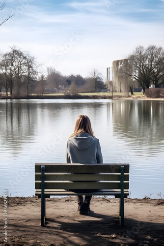 Depressed and sad young woman with long hair casual clothes sitting alone on bench in the park, back view, looking at lake city landscape, in deep thoughts, sadness, mist, autumn, winter, AI Generated © Vladislava