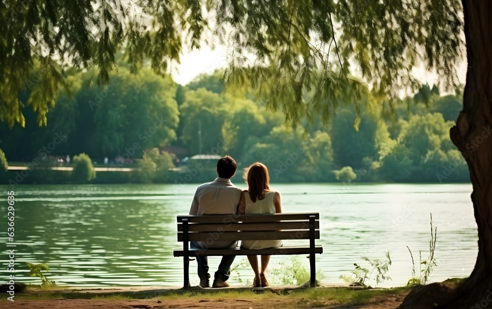 Young couple sitting on bench in park, looking at the natural lake view, woman and man, summer, green. love, AI Generated Young couple sitting on bench in park, looking at the natural lake view, woman and man, summer, green. love, AI Generated