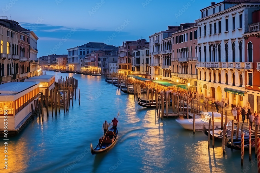 Famous grand canale from Rialto Bridge at blue hour, Venice, Italy