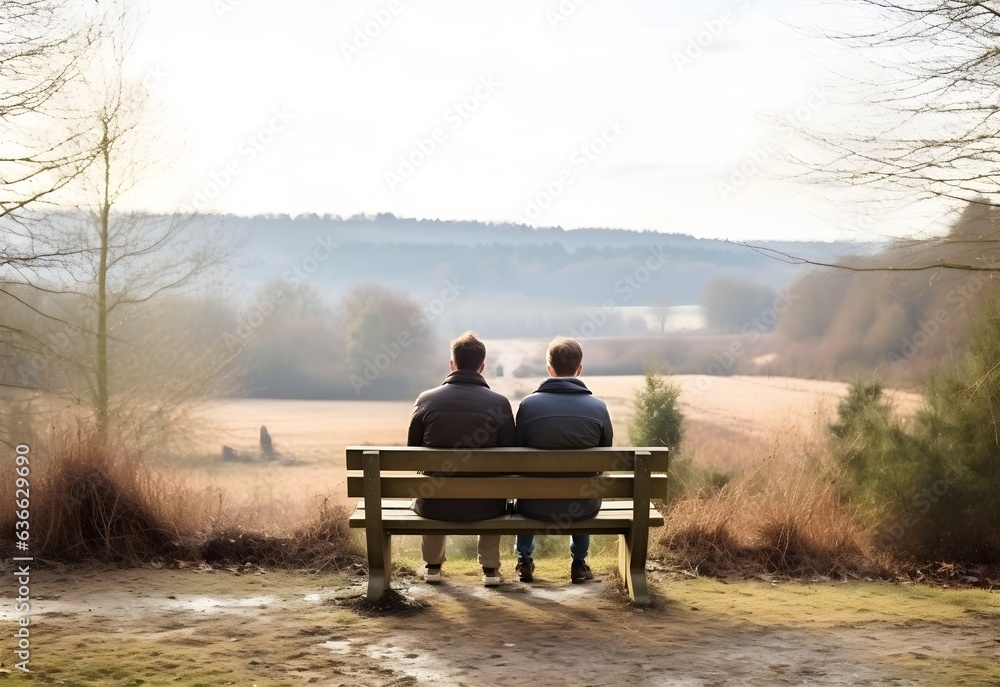 Young lgbt gay couple sitting on bench in park, looking at the natural field view, two men, winter, green. love, AI Generated Young lgbt gay couple sitting on bench in park, looking at the natural field view, two men, winter, green. love, AI Generated