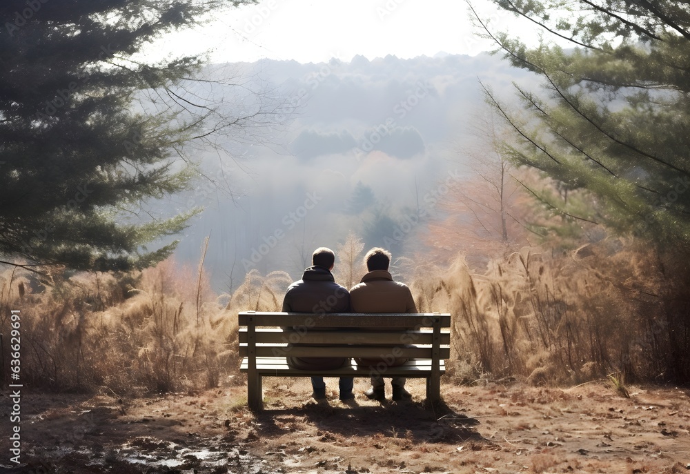 Young lgbt gay couple sitting on bench in park, looking at the natural field view, two men, winter, green. love, AI Generated Young lgbt gay couple sitting on bench in park, looking at the natural field view, two men, winter, green. love, AI Generated