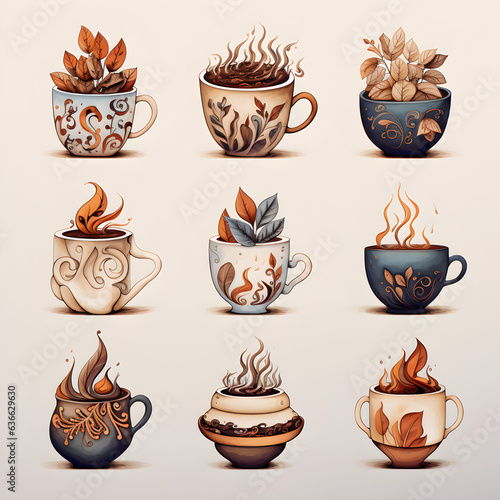 The image should feature a set of coffee cups and mugs, designed in a vector style, suitable for use as icons or illustrations It should include elements associated with coffee culture, such as cappuc photo