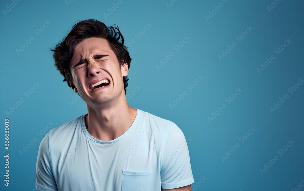 Closeup portrait photo of young crying attractive Caucasian man with unhappy sad face, problem, depressed, offended isolated on modern pastel blue, pink color background, AI Generated Closeup portrait photo of young crying attractive Caucasian man with unhappy sad face, problem, depressed, offended isolated on modern pastel blue, pink color background, AI Generated