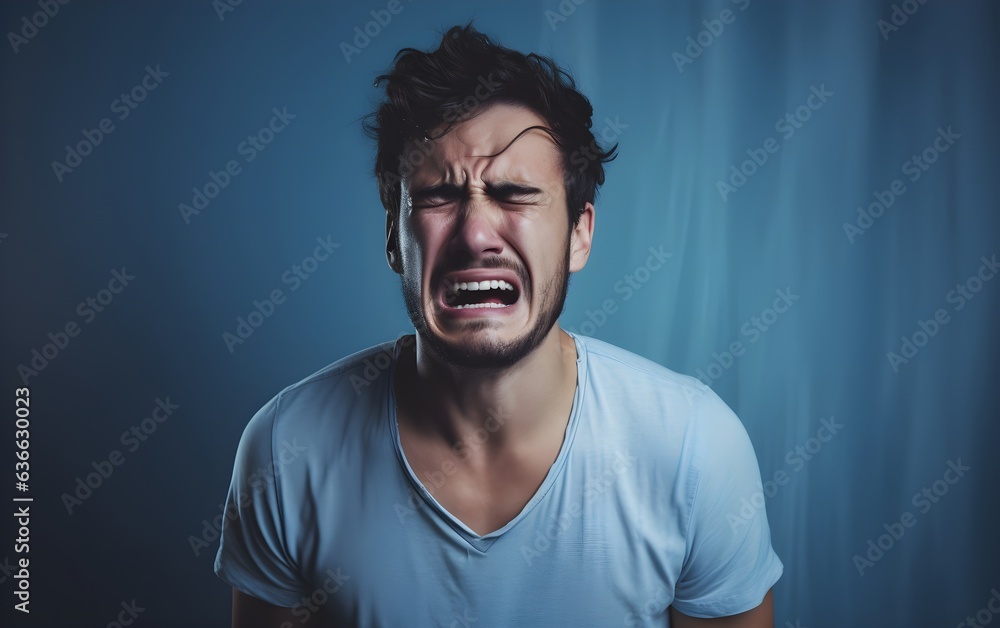 Fototapeta premium Closeup portrait photo of young crying attractive Caucasian man with unhappy sad face, problem, depressed, offended isolated on modern pastel blue, pink color background, AI Generated