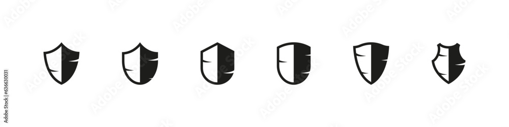 Shield damaged vector icon set. Medieval protection symbol collection. Defense flat black icons. Shield damaged vector icon set. Medieval protection symbol collection. Defense flat black icons.