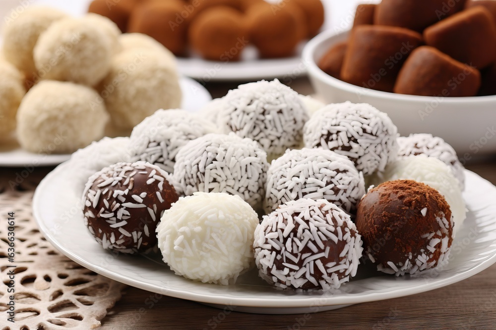 chocolate truffles with coconut flakes on wooden table, closeup chocolate truffles with coconut flakes on wooden table, closeup