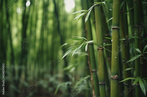 bamboo forest with green leaves and blurred background, shallow depth of field