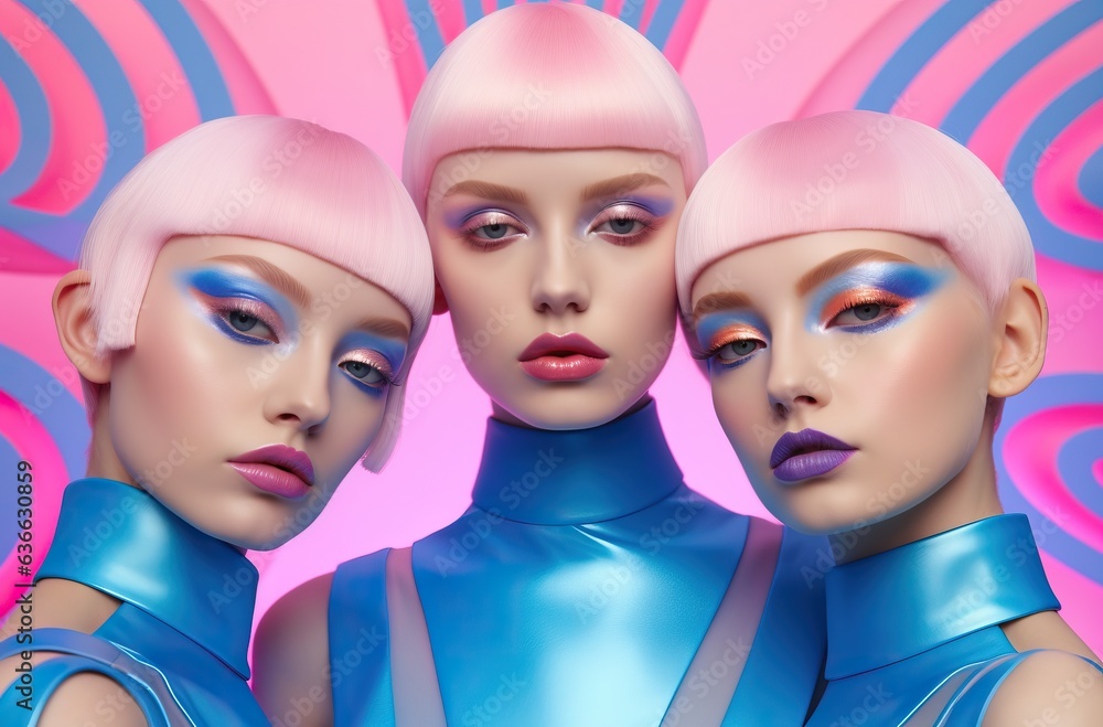 futuristic three fashion models with color hair