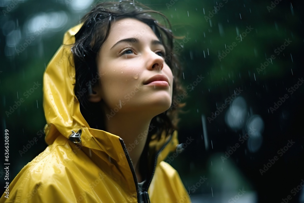 Portrait of a young woman in yellow raincoat in the rain Portrait of a young woman in yellow raincoat in the rain