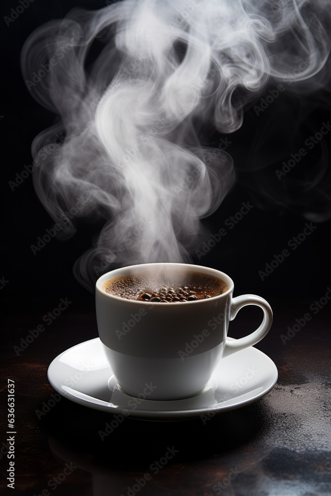 Cup of steamy hot black coffee with warm steam cloud in a white mug Cup of steamy hot black coffee with warm steam cloud in a white mug