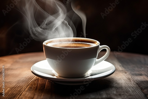 Cup of steamy hot black coffee with warm steam cloud in a white mug