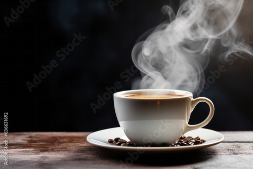 Cup of steamy hot black coffee with warm steam cloud in a white mug