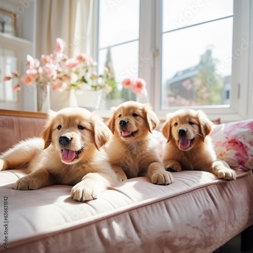 Cute puppies sitting side by side on the bed in the living room.