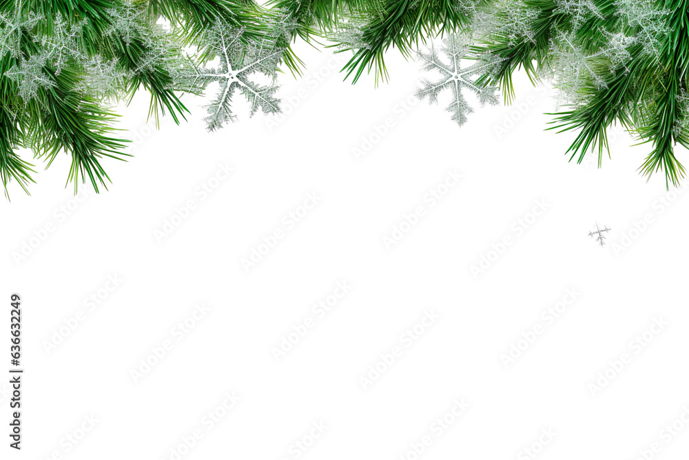 Obraz premium border of isolated green Christmas tree branches at the edge on transparent background with sparkling white snowflakes on white background with copy space PNG