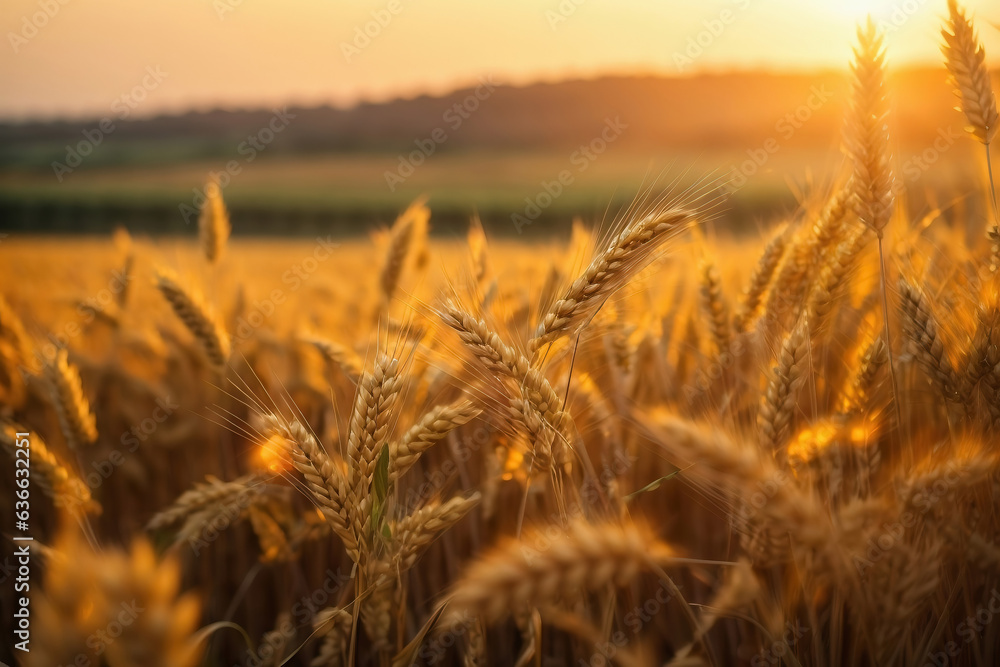 Obraz premium Wheat field. Ears of golden wheat close up. Beautiful Nature Sunset Landscape. Rural Scenery under Shining Sunlight.