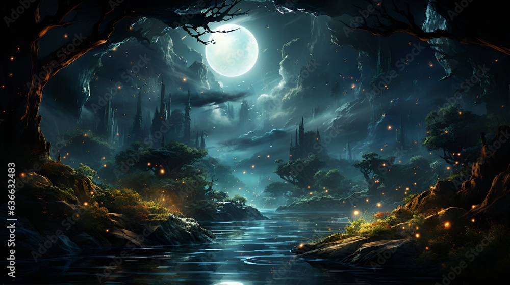An AI generated mysterious haunted forest with full moon at night