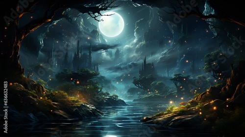 An AI generated mysterious haunted forest with full moon at night