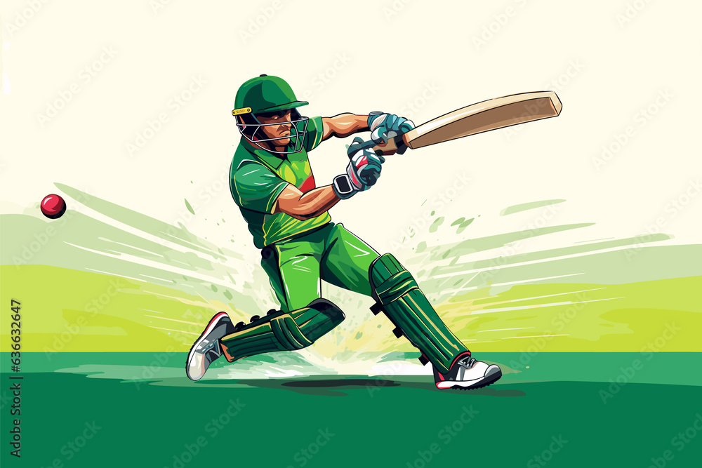 An illustration of a batsman playing cricket with a bat is used in the design. An illustration of a batsman playing cricket with a bat is used in the design.