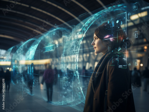 A woman surrounded by digital technology