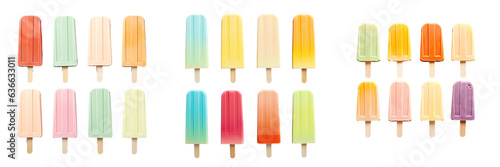 Multi colored wooden popsicle sticks sticks for ice cream bars isolated on transparent background