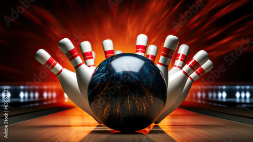 Strike Scene: Bowling Ball and Pins Against the Club Ambiance