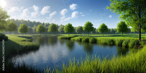 Photorealistic natural garden park reflection on water pond for background