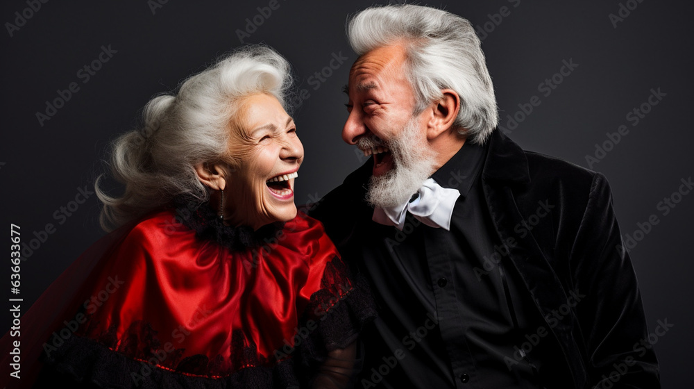 Senior Couple Dressed as Vampires Sharing a Laugh, happy seniors celebrating Halloween, wide banner with copy space area Generative AI Senior Couple Dressed as Vampires Sharing a Laugh, happy seniors celebrating Halloween, wide banner with copy space area Generative AI