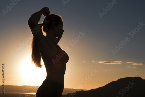 silhouette of a girl showing strong, muscular arms. fitness and sports. healthy woman. victory and perseverance.