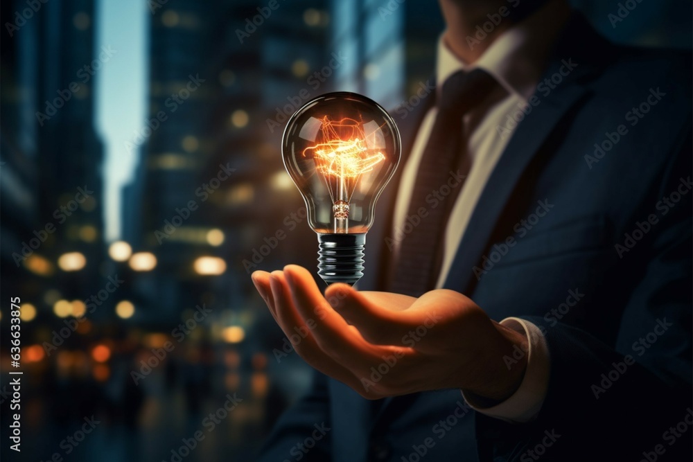 Business leader holds luminous lightbulb, embodying innovation and strategic insight Generative AI - obrazy, fototapety, plakaty 