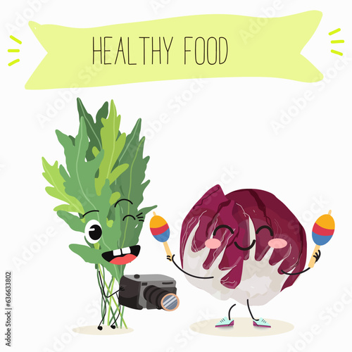 Vector illustration with funny cartoon characters eruca, rucola, radichio, radicchio,cabbage,  ruchetta,
arugula,  eruca, rucola, colewort, rucoli, roquette, vegetable. 