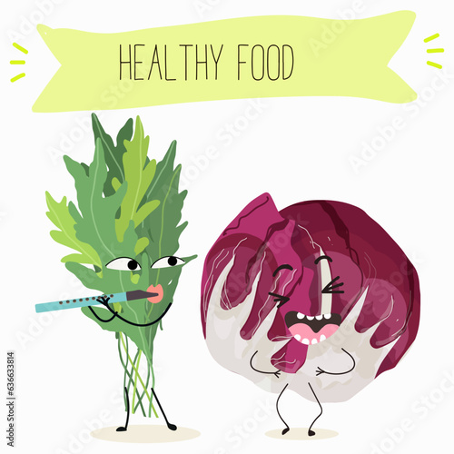 Vector illustration with funny cartoon characters eruca, rucola, radichio, radicchio,cabbage,  ruchetta,
arugula,  eruca, rucola, colewort, rucoli, roquette, vegetable. 