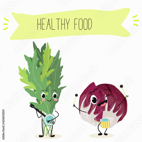 Vector illustration with funny cartoon characters eruca, rucola, radichio, radicchio,cabbage,  ruchetta,
arugula,  eruca, rucola, colewort, rucoli, roquette, vegetable. 